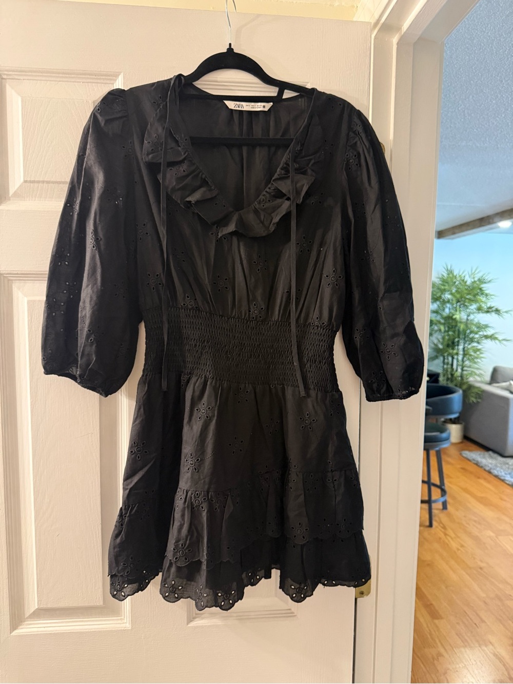 Zara Black Eyelet Ruffle Smocked Waist Tunic Dress